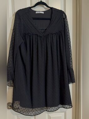 Zara Black Swiss Dot Long Sleeve V-Neck Dress